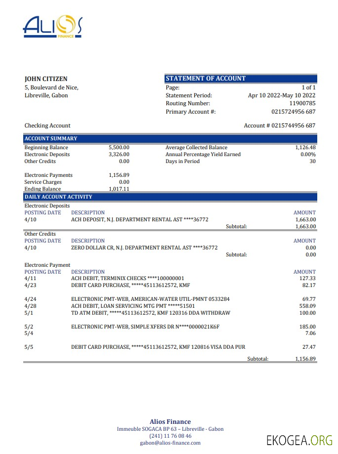 Relevé bancaire Gabon Alios Finance